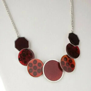 Vintage 90s Silver and Red Enamel Geometric Circles and Octagons Necklace